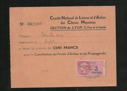 Fiscal  N°182 Sur Bon  100F Comité National De Liaison Des D'Actions Des Classes Moyennes Lyon  B/TB Voir Scans Soldé ! - Covers & Documents