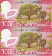 PAREJA CORRELATIVA DE COSTA RICA DE 1000 COLONES DEL AÑO 2013 SIN CIRCULAR (UNC) (CIERVO-DEER)  (BANKNOTE) - Costa Rica