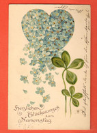 ZSK-20 Bonne Fête Namenstag, Trèfle à Quatre, Coeur De Myosotis. Gaufré Geprägt. Dos Simple Circ. 1903 - Autres & Non Classés