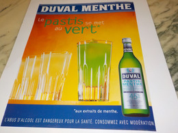 ANCIENNE PUBLICITE LE PASTIS VERT DUVAL MENTHE 1997 - Alcools