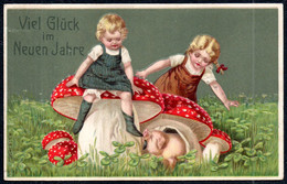 A8362 - Litho Präge Glückwunschkarte Neujahr - Fliegenpilz Glücksschwein Kinder - Neujahr