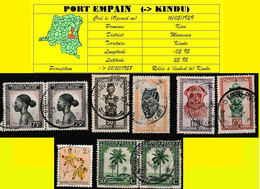 (°) BELGIAN CONGO / CONGO BELGE =  PORT EMPAIN (Kindu) CANCELATION STUDY = 9 STAMPS (VARIA -A- ) - Variétés Et Curiosités