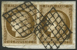 Obl./fragment N°1a 10c Bistre-brun, Paire S/fragment Filets Intacts - TB - 1849-1850 Cérès