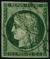 Obl. N°2c 15c Vert, Très Foncé, Au Filet à Droite - B - 1849-1850 Ceres
