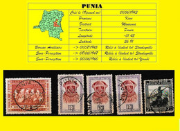 (°) BELGIAN CONGO / CONGO BELGE =  PUNIA  CANCELATION STUDY FIVE STAMPS - Variétés Et Curiosités