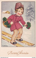 Illustrateur Gougeon - Bonne Année- Petite Fille Et Bouquet De Trèfle - Paysage De Neige - Gougeon