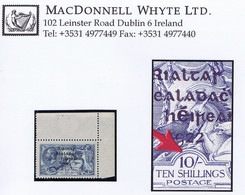 Ireland 1922 Thom Rialtas Ovpt In Blue-black On 10/- Blue, "Retouched 0 Of 10", Row 1/4 Mint With Corner Margins - Unused Stamps