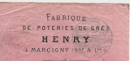 1878 ENTETE FABRIQUE DE POTERIES DE GRES HENRY à Marcigny Saone Et Loire MANDAT FISCAL LETTRE DE CHANGE AVEC SIGN. B.E. - 1800 – 1899