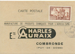 63 - COMBRONDE - MANUFACTURE De PRODUITS CHIMIQUES Ets; "CHARLES AURAIX" - CARTE  COMMERCIALE - 1949 - TRES BON ETAT - Combronde