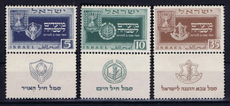 Israel: Mi  19 - 21 1949 Attached To Paper - Unused Stamps (with Tabs)
