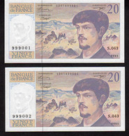 2 Billets Consécutifs  20 F DEBUSSY - 1993  S.043  "A Fil De Sécurité" - 20 F 1980-1997 ''Debussy''