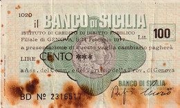 BANCO DI SICILIA - Lire 100 - Anno 1977 - Otros & Sin Clasificación