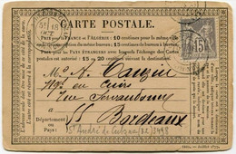 !!! CARTE PRECURSEUR TYPE SAGE CACHET DE ST ANDRE DE CUBZAC (GIRONDE) 1877 - Vorläufer