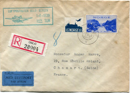 NORVEGE LETTRE RECOMMANDEE PAR AVION AVEC CACHET " LUFTPOSTRUTEN OSLO-BERGEN 1-6-1939 1ste TUR " DEPART OSLO 1-6-39..... - Cartas & Documentos