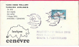 TURCHIA - PRIMO VOLO TURKISH AIRLINES CON DC9 DA ANKARA A GINEVRA * 1.4.1972* SU BUSTA UFFICIALE - Poste Aérienne