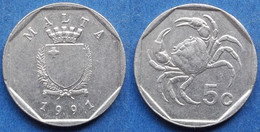 MALTA - 5 Cents 1991 "freshwater Crab" KM# 95 Reform Coinage (1982-2008) - Edelweiss Coins - Malte