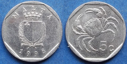 MALTA - 5 Cents 1998 "freshwater Crab" KM# 95 Reform Coinage (1982-2008) - Edelweiss Coins - Malte