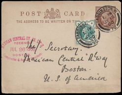 1900 GB ½d PSC VICTORIA (HG16) UPRATED BY ½d (SG213) TO USA MEXICAN CENTRAL RAILWAY BOSTON - Entiers Postaux