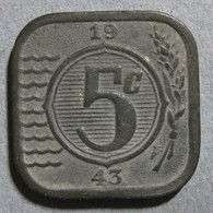Pays Bas Occupation Allemande 5 Cents 1943 Wilhelmina, En Zinc , KM# 172 - 5 Cent