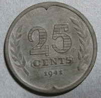 Pays Bas Occupation Allemande 25 Cents 1941 Wilhelmina, En Zinc , KM# 174 - 25 Centavos