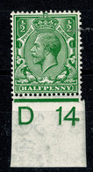 Ref 1580 - KGV GB 1/2d Green With D14 Plate Number SG 351 - Mint Stamp - Unused Stamps