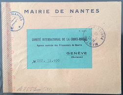 NANTES 1943 CROIX ROUGE PRISONNIERS DE GUERRE Censure>Genéve Suisse (France Red Cross War Zensur Cover Lettre Pow - Guerra Del 1939-45