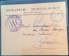 MAIRIE D’ AULNAT 1944 CROIX ROUGE SERVICE COLONIAL>Genéve Suisse (France PUY DE DÔME 63 Red Cross War Cover Lettre Pow - WW II