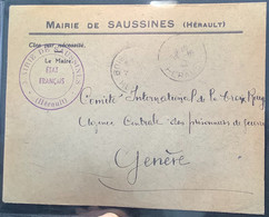 ÉTAT FRANÇAIS MAIRIE SAUSSINES HERAULT 1942 >CROIX ROUGE Genéve Suisse (France Red Cross War Cover Lettre Pow - Oorlog 1939-45