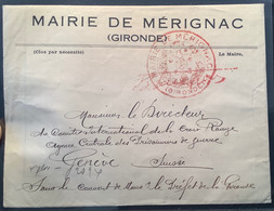 MAIRIE MÉRIGNAC GIRONDE FRANCHISE>CROIX ROUGE Genéve Suisse (France Red Cross War Cover Lettre Pow - WW II