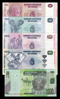 Congo República Democrática Set 5 Banknotes 50 100 200 500 1000 Francs 2013-2022 Pick 96-101 SC UNC - Demokratische Republik Kongo & Zaire