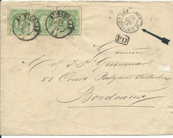 N° 686 (x3) SUR LETTRE DE 1875 OBLITERE ST NICOLAS POUR BORDEAUX + CACHET D' AMBULANT  LETTRE COVER - 1869-1883 Léopold II