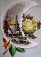 CHROMO XIX ° Gaufrée CROISSANT LUNE . ROSE JAUNE  PAYSAGE De NEIGE, Victorian Card  SCRAP, Embossed   MOON SNOW COUNTRY - Christmas