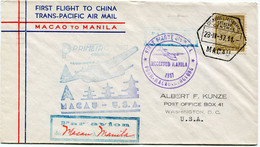 MACAO LETTRE "FIRST FLIGHT TO CHINA TRANS-PACIFIC AIR MAIL MACAO TO MANILA " AVEC CACHET ILL " PRIMEIRO VOO........USA" - Storia Postale