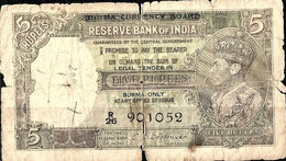 British India / BURMA 1943 King George VI 5 Five Rupees C D DESHMUKH "Ovpt. BURMA CURRENCY BOARD" As Per Scan - Inde