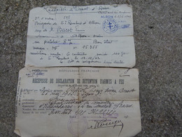 Lot De 2 Feuillets Detention Arme Pistolet 8 Mm Saint Rambert Drome Daté 1939 Et 1946 - 1939-45