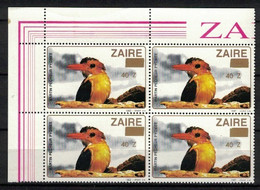 Zaire 1990, Birds, Vogel, Oiseau, Pájaro With Golden Overprint / Surcharge **, MNH, Block Of 4, Corner-Margin - Unused Stamps