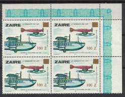 Zaire 1990, Plane Vliegtuig Flugzeug Avion With Golden Overprint / Surcharge **, MNH, Block Of 4, Corner-Margin - Unused Stamps