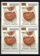 Zaire 1990, Fungi Fungus Mushroom Pilze With Golden Overprint / Surcharge **, MNH, Block Of 4, Margin - Unused Stamps