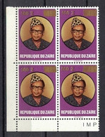 Zaire 1990, Mobutu Sese Seko With Golden Overprint / Surcharge **, MNH, Block Of 4, Corner-Margin - Nuevos