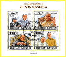 Petite Feuille De 4 Timbres-poste Dentelés Oblitérés - 95e Anniversaire De Nelson Mandela - République Du Burundi 2013 - Oblitérés