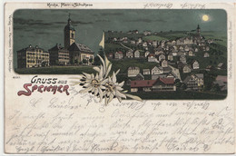 SPEICHER  Gruss Aus Speicher Kirche Pfarr-u.Schulhaus Cachet 1902 - Speicher