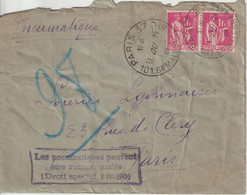 Lettre Pneumatique 1938 Paris Pour Paris Avec Griffe Les Pneumatiques Peuvent Etre Recommandés - 1921-1960: Période Moderne