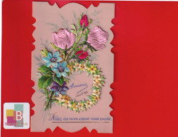Superbe Carte Celluloid Souvenir 1 Er Avril 1899 Roses Fleurs Soie Satin  Chromos Decoupis - 1 De April (pescado De Abril)