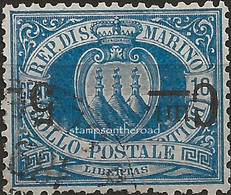 SM8aU - San Marino 1892, Sassone Nr. 8a, 5 Su 10 Cent. Azzurro - Varietà Firmata Dal Perito - Oblitérés