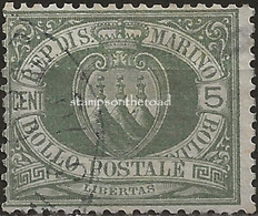 SM13aU - San Marino 1892/94, Sassone Nr. 13a, 5 Cent. Verde Oliva Grigiastro - Difettato - Oblitérés