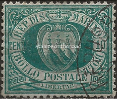 SM14U - San Marino 1892/94, Sassone Nr. 14, 10 Cent. Verde Azzurro - Ottima Centratura - Usados