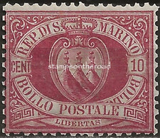 SM28N - San Marino 1894/99, Sassone Nr. 28, 10 Cent. Rosso Bruno, Francobollo Nuovo Senza Linguella - Nuovi