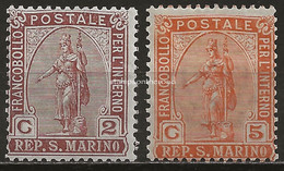 SM32-33L - San Marino 1899, Sassone Nr. 32-33, Serie Completa Di 2 Francobolli Nuovi Con Traccia Di Linguella - Ongebruikt