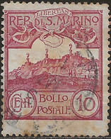 SM36U - San Marino 1903, Sassone Nr. 36, 10 Cent. Carminio, Francobollo Usato - Used Stamps