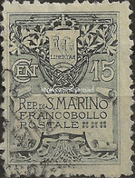 SM50U - San Marino 1910, Sassone Nr. 50, 15 Cent. Ardesia Su Fondo Giallo, Usato Per Posta - Gebruikt